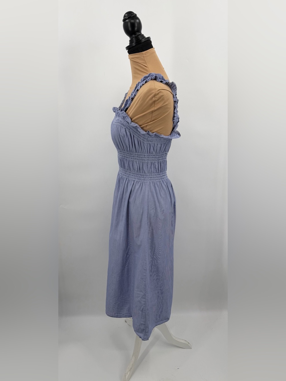 Cotton blue striped Smocked Ruffle Strap Midi Dress XS cottagecore coastal - Picture 3 of 12